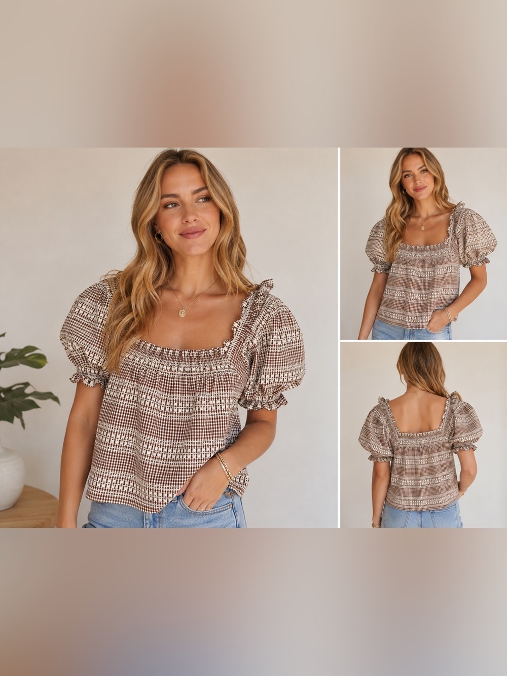 Gilli Brown Plaid Smocked Square-Neck Puff Sleeve Top